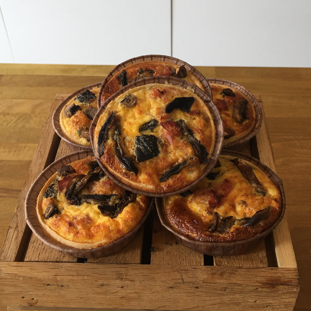 Black pudding, bacon, and field mushroom quiche